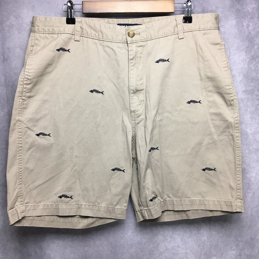 Chaps Mens Shorts 38‎ Khaki Tan All Over Fish Skeleton Embroidery Flat Front